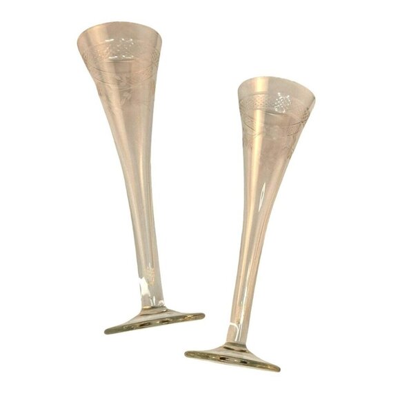 Vintage Crystal Etched Champagne Flutes Set Of 2 With Floral & Diamond Cut Desig - Picture 8 of 9